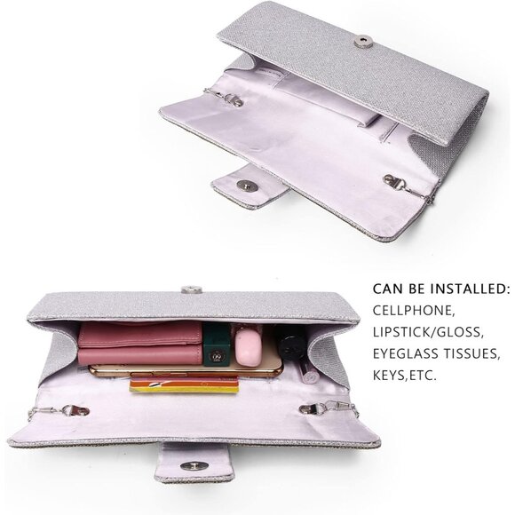 Womens Silver Crystal Sparkly Evening Clutch Purse with Rhinestones Wedding - Picture 6 of 6